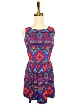 Vintage Bongo Party Purple Pink Red Blue Teal Geo Sleeveless Mini Dress Size 5